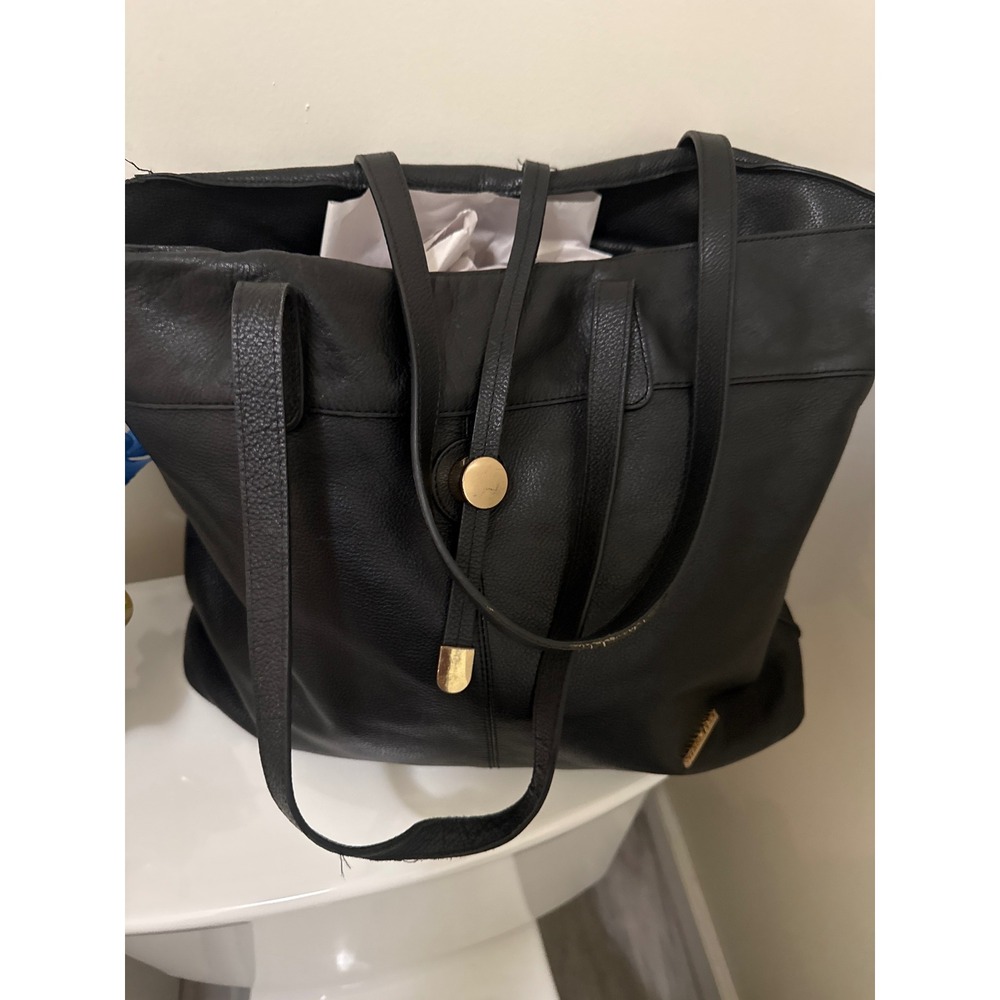 Stella & Max Black Genuine Leather Tote Bag Gold Hardware Large Shoulder Bag